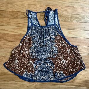 Free People Racerback Tank Top Womens Small Blue Brown Printed Boho Flowy